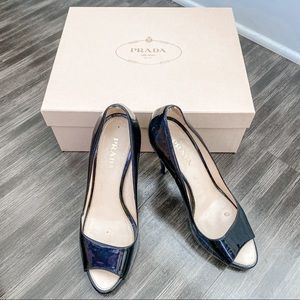 Prada Black Peep Toe Classic Glossy Black Pumps 39